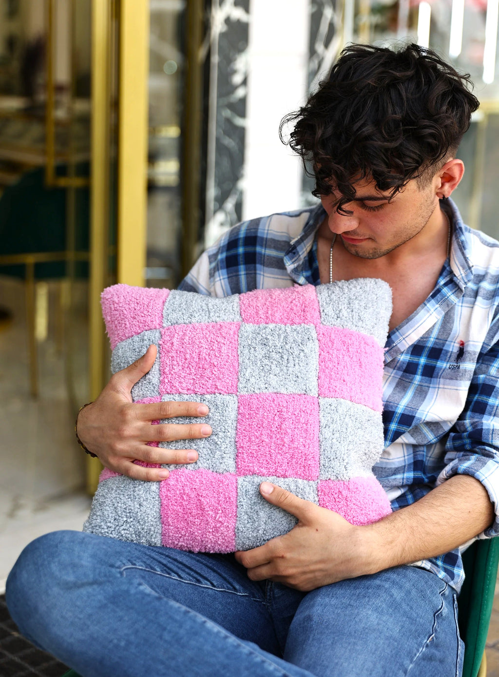 Schach Custom Grau Pink Quadrat Sanfte Farbe Handgefertigter Tufted Kissenbezug