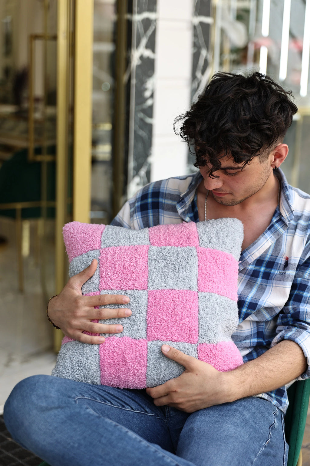 Schach Custom Grau Pink Quadrat Sanfte Farbe Handgefertigter Tufted Kissenbezug