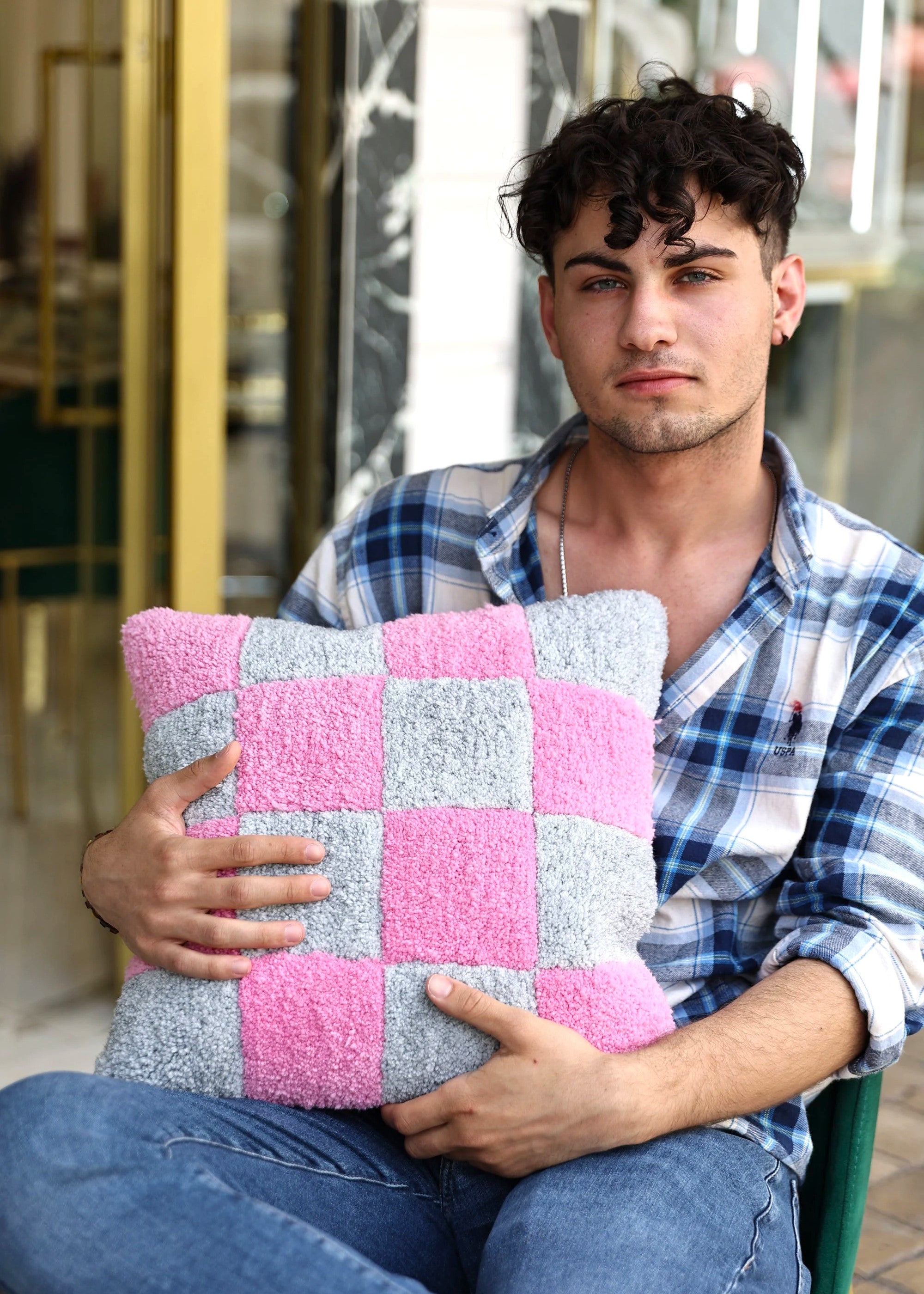 Schach Custom Grau Pink Quadrat Sanfte Farbe Handgefertigter Tufted Kissenbezug