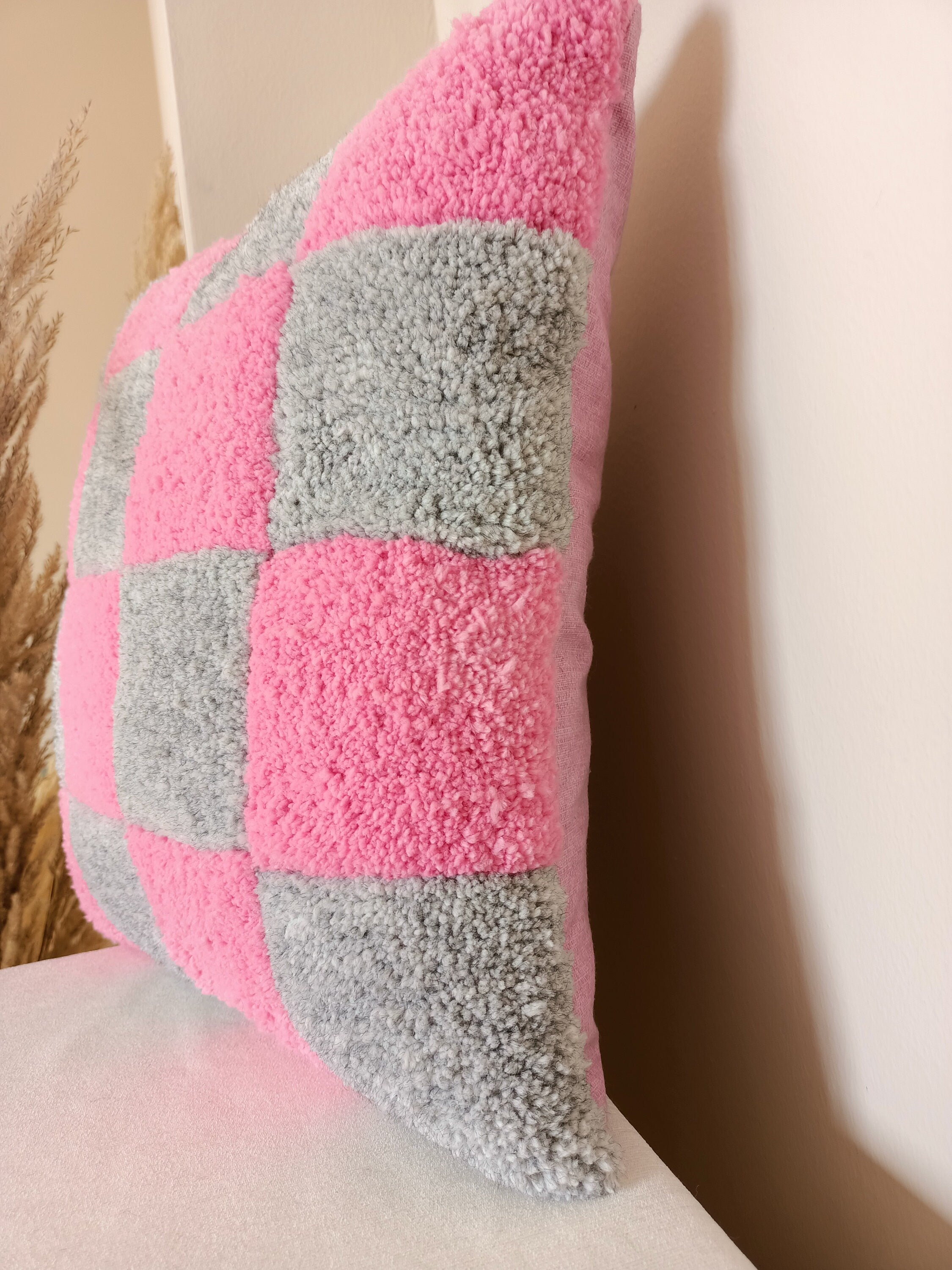 Schach Custom Grau Pink Quadrat Sanfte Farbe Handgefertigter Tufted Kissenbezug